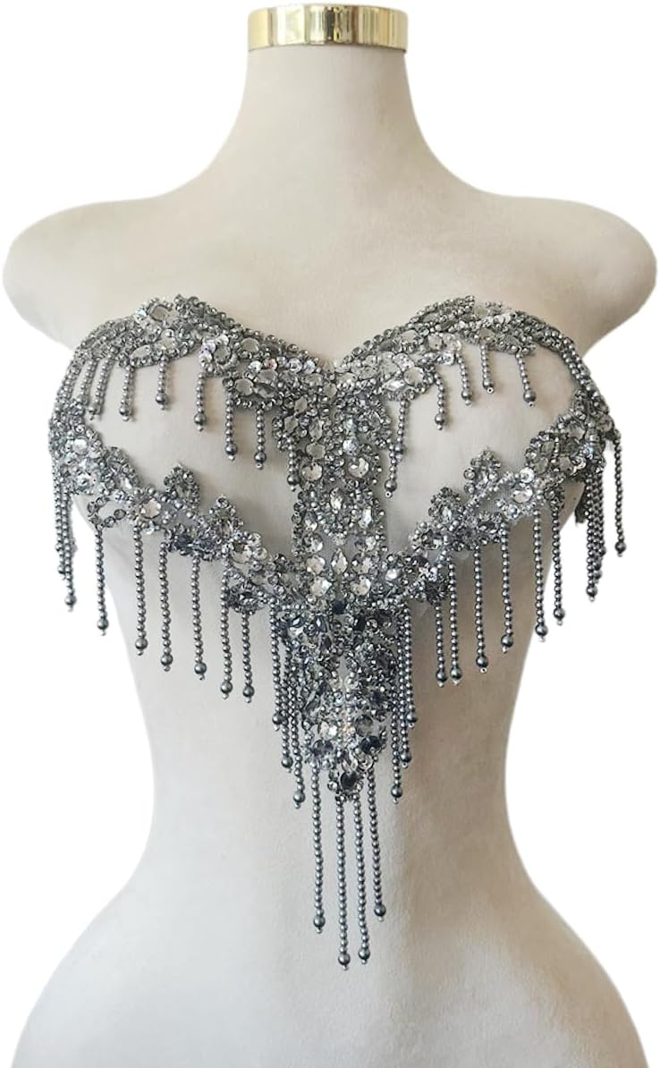 MOPISVN Handmade Crystal on lace Applique Sewing Rhinestones Fringe Beads Sequins Patches Trim Luxury Decoration Accessories for Wedding Dress 17X12.5inches (Gray) - Image 2